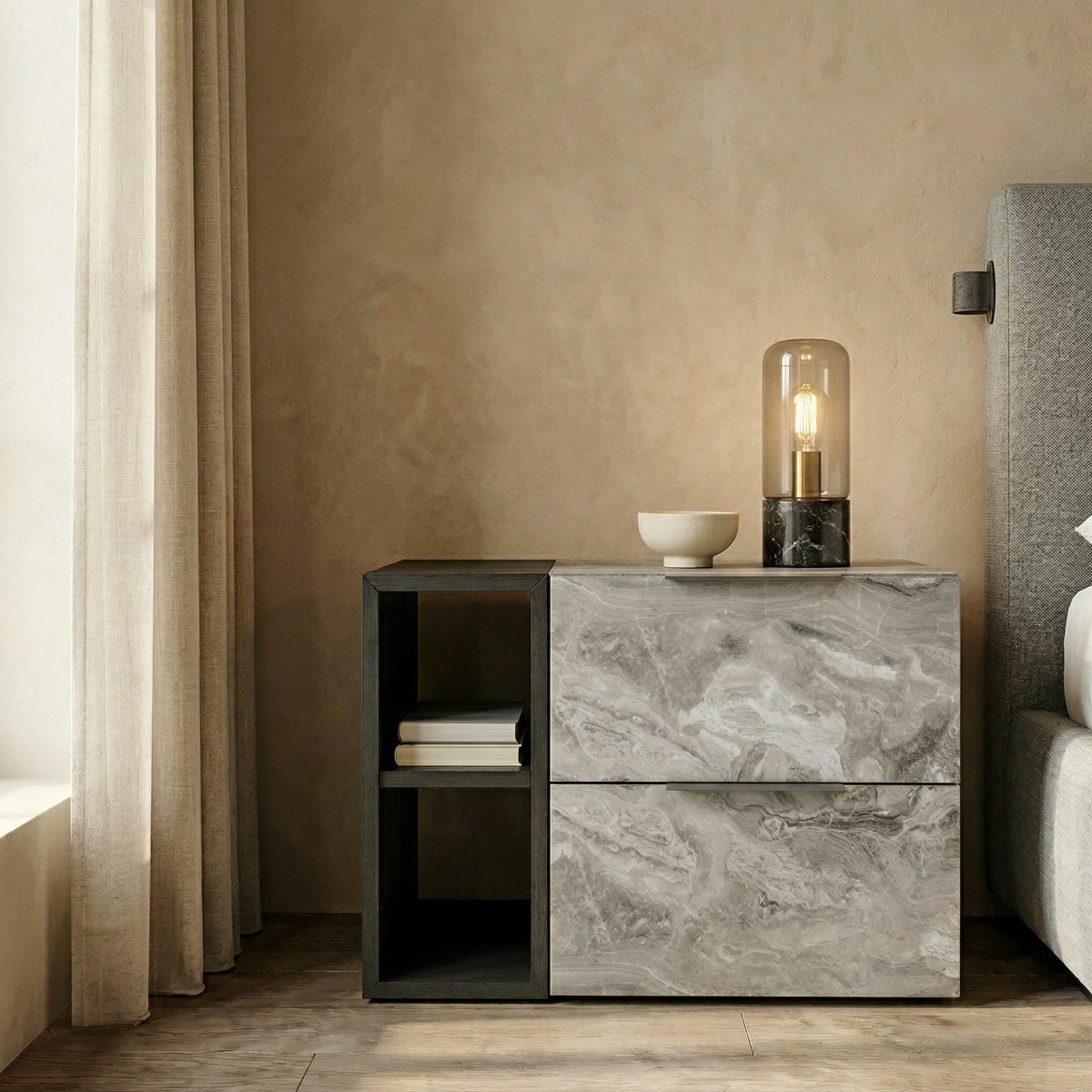 Maranello Modern Grey Fabric Bed with Two Nightstands