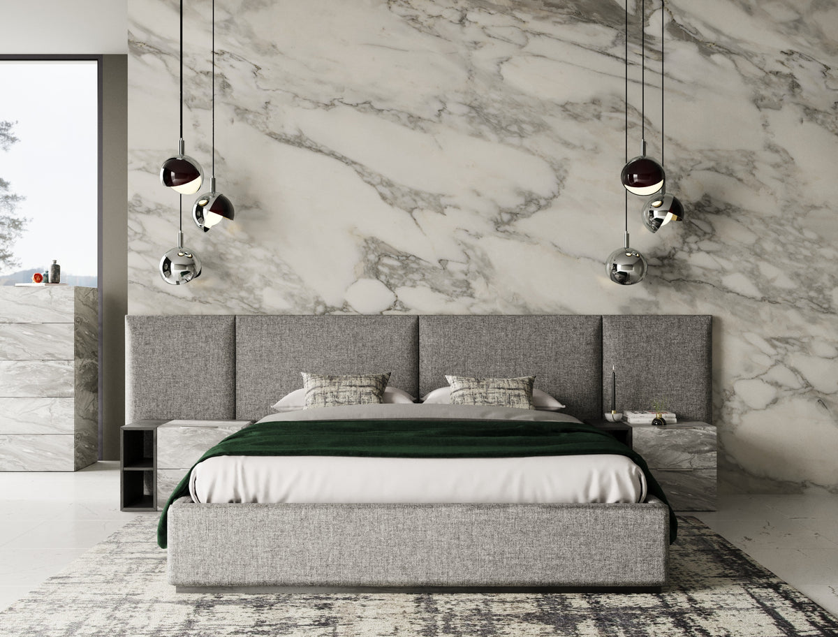 Maranello Modern Grey Fabric Bed with Two Nightstands