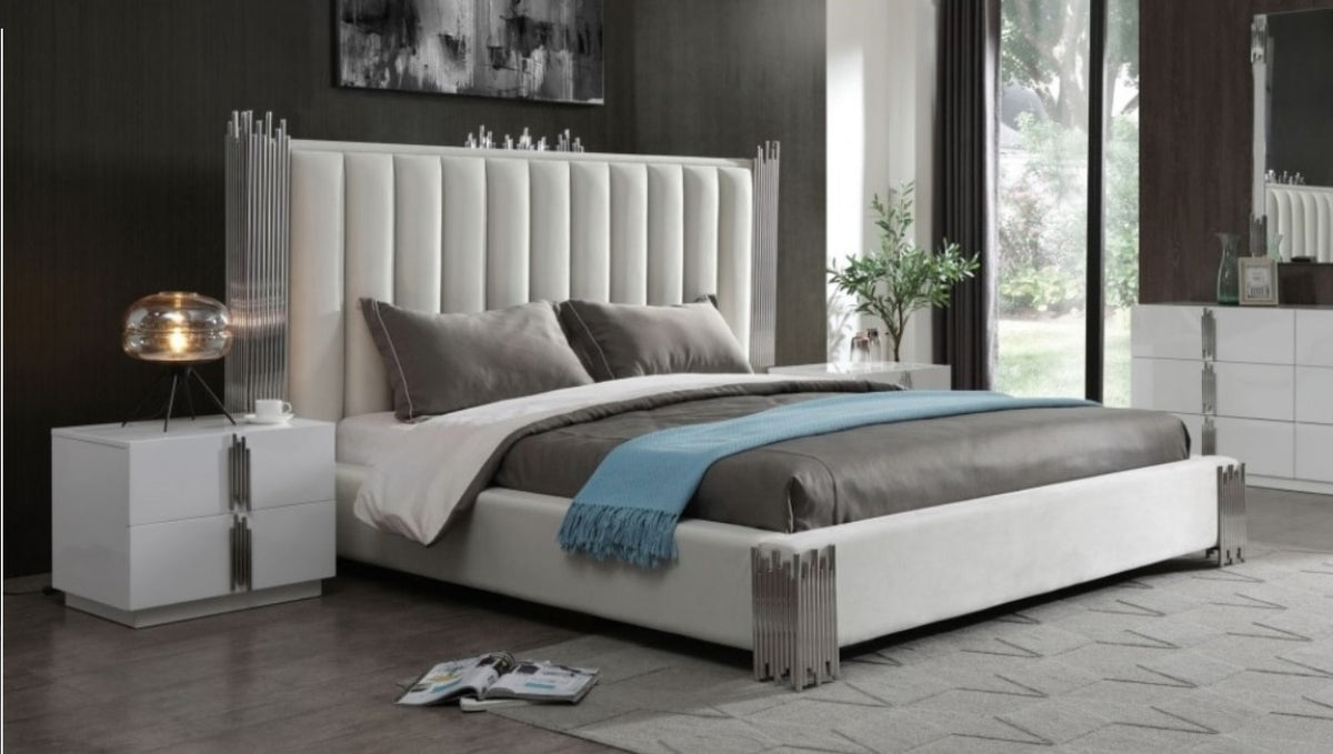 Token Modern White + Stainless Steel Bed + Nightstands