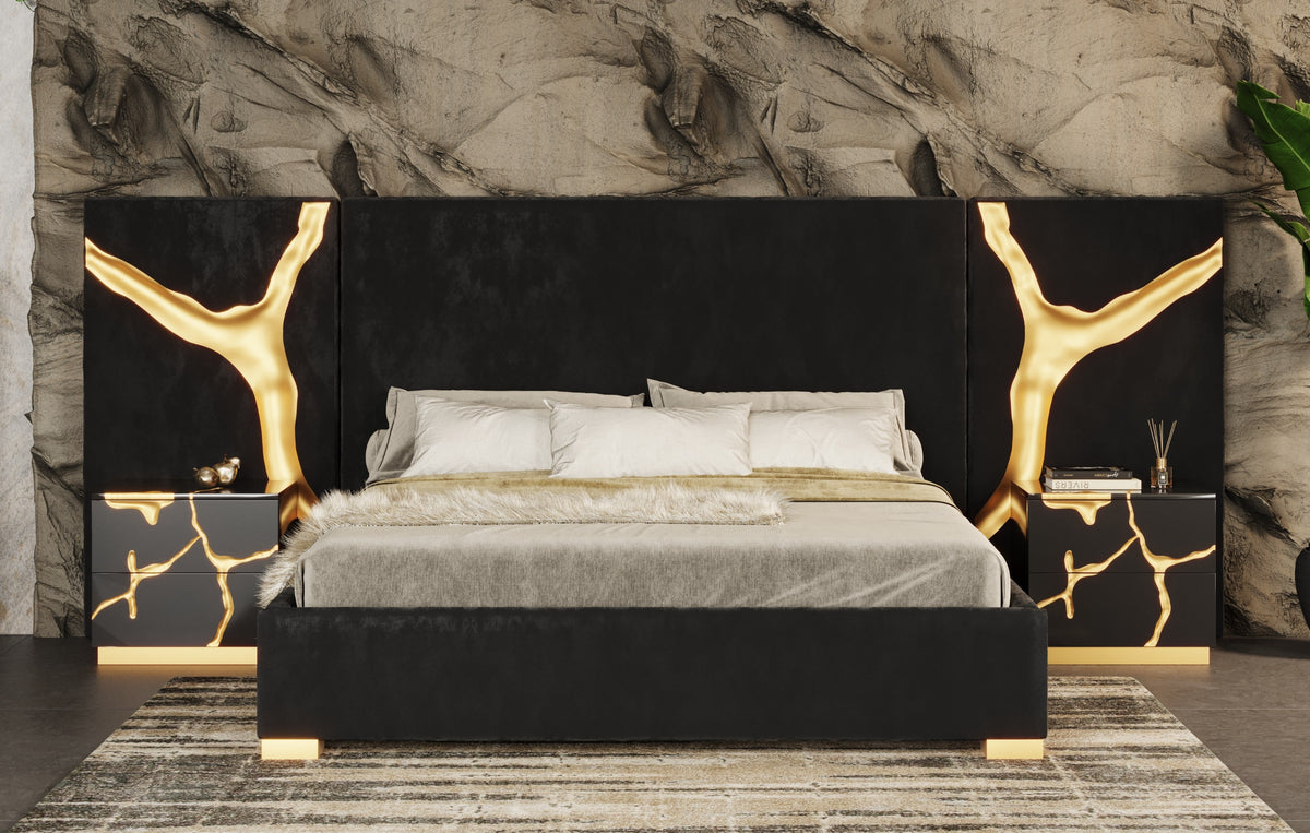Aspen Modern Black + Gold Bed + Nightstands
