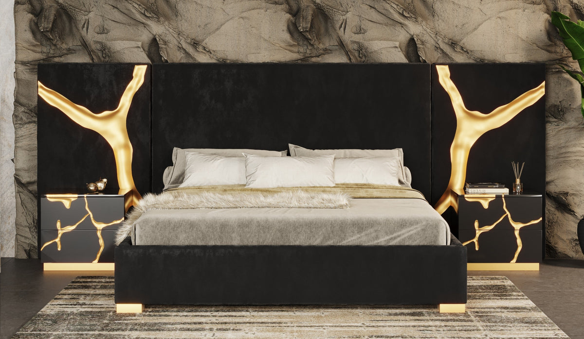 Aspen Modern Black + Gold Bed + Nightstands