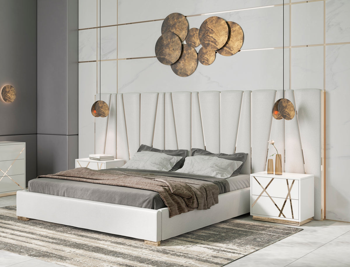 Nixa Modern White + Gold Bed + Nightstands
