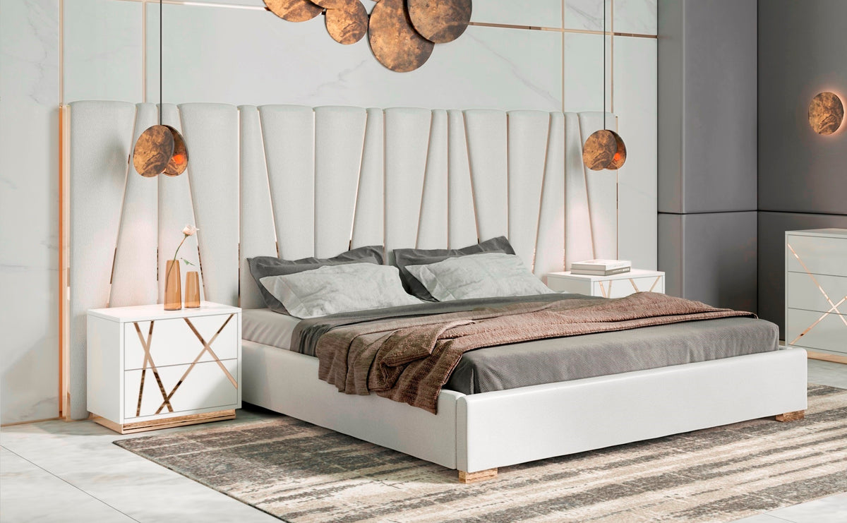 Nixa Modern White + Gold Bed + Nightstands