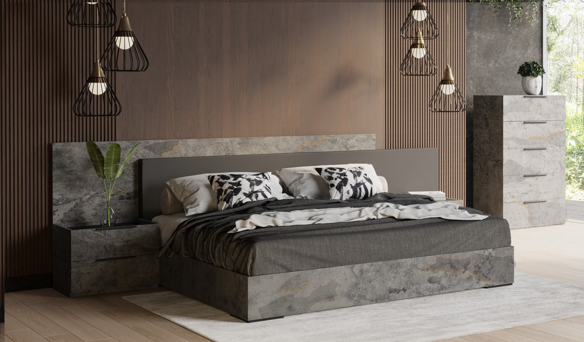 Ferrara Modern Volcano Oxide Grey Bed with Nightstands