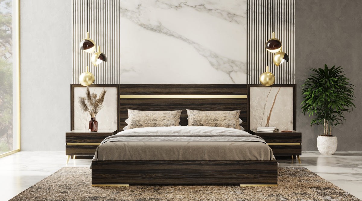 Velondra Modern Eucalypto + Marble Bed with Two Nightstands
