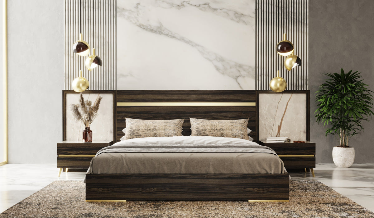 Velondra Modern Eucalypto + Marble Bed with Two Nightstands