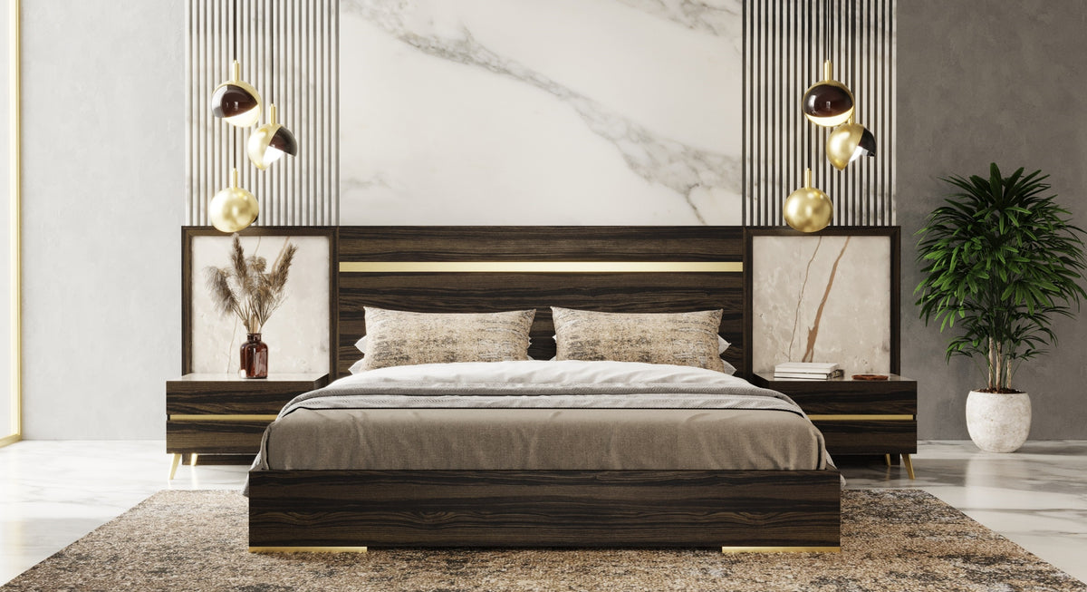Velondra Modern Eucalypto + Marble Bed with Two Nightstands