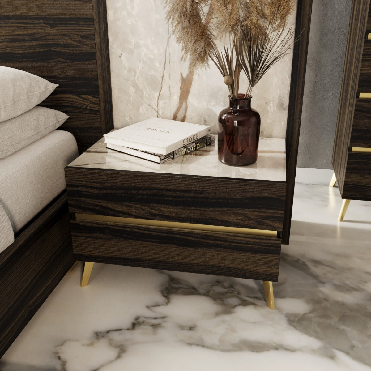 Velondra Modern Eucalypto + Marble Bed with Two Nightstands