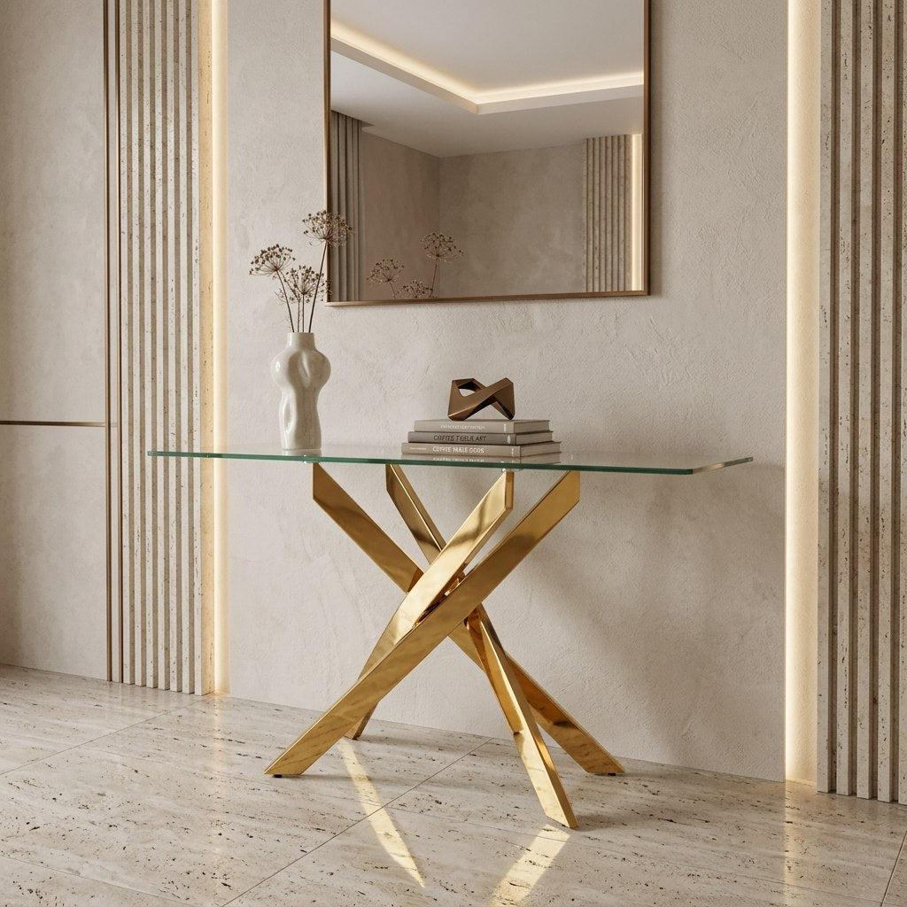 Pyrite Modern Glass and Gold Console Table