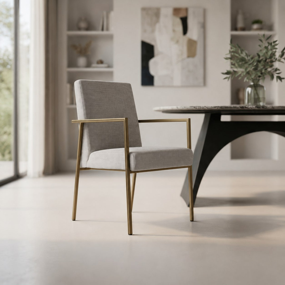 Burnham Modern Light Grey & Brass Arm Dining Chair