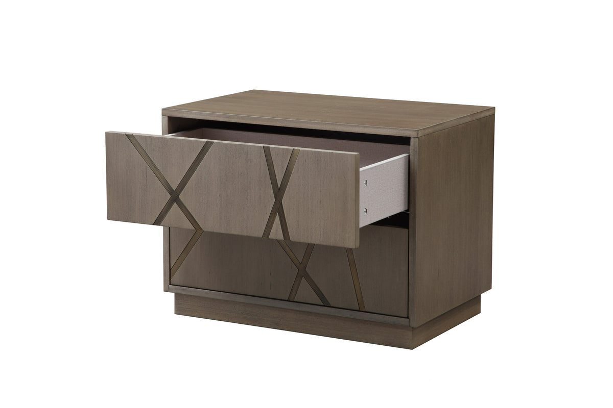 Nixa Modern Beige Velvet + Brushed Bronze + Birch Bed + Nightstands-queen