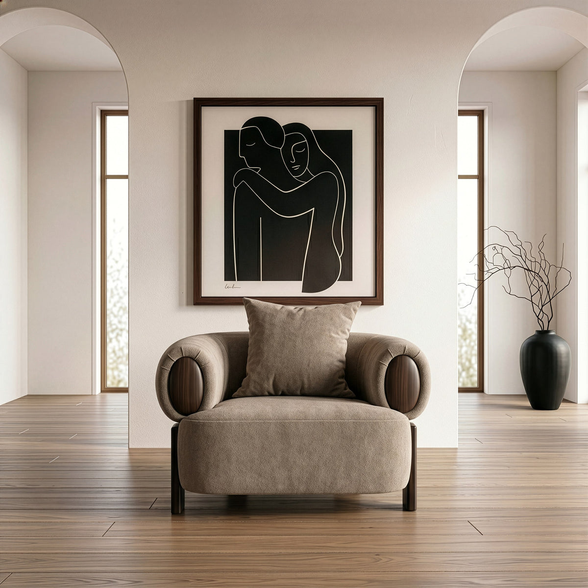 Arnaud Modern Tan Fabric + Brown Oak Accent Chair