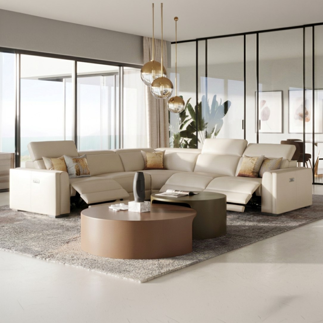 Frazier Modern White Leather Sectional Sofa with 3 Recliners