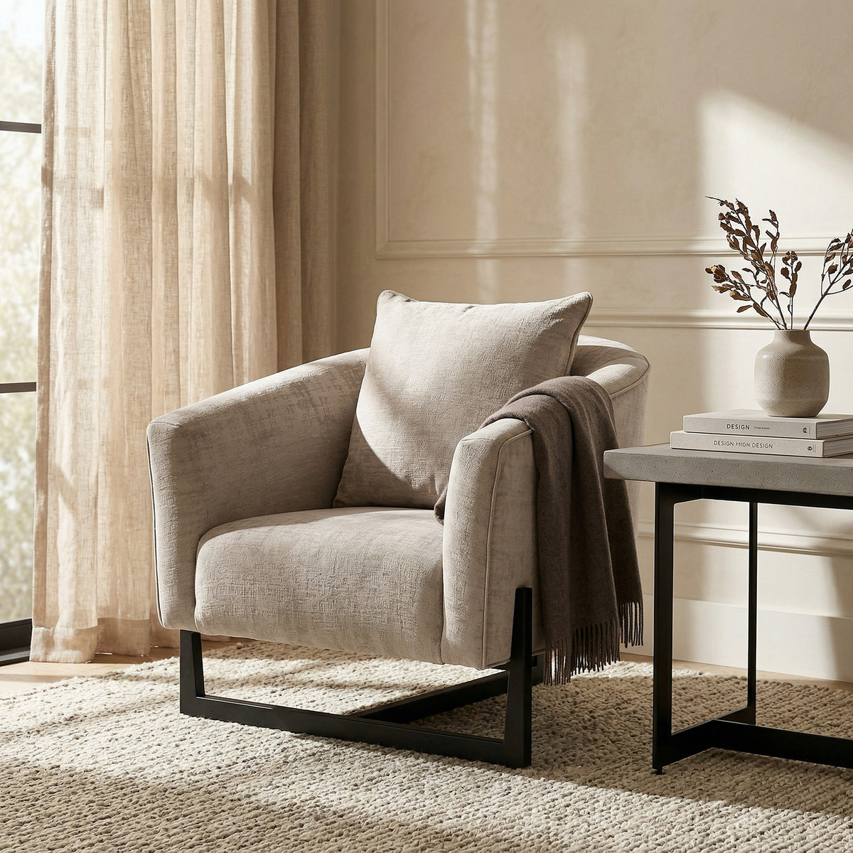 Forbis Contemporary Light Grey Fabric + Brown Accent Chair