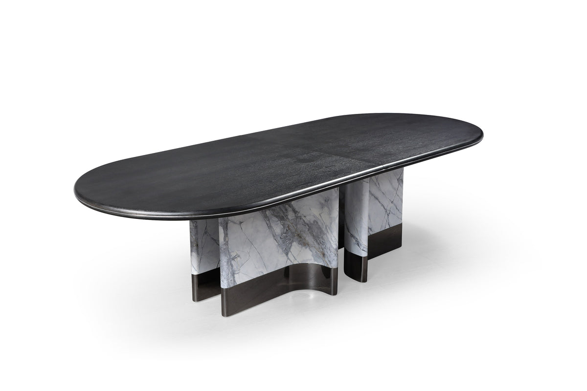 Renfew Modern Black Oak + Faux Marble Oval Dining Table