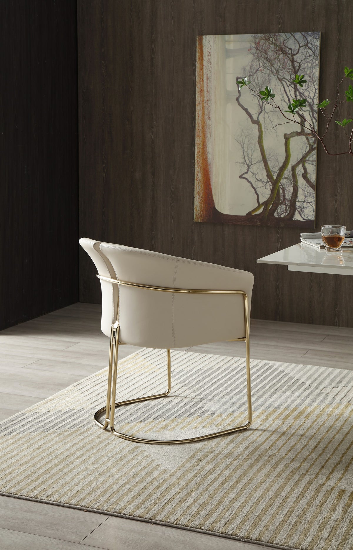Renfew Modern Beige Vegan Leather + Champagne Gold Dining Chair