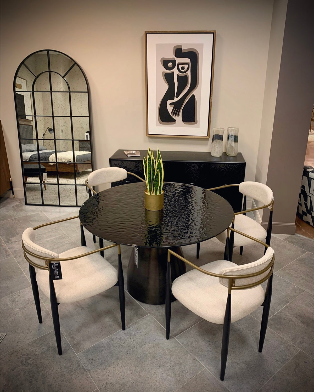 Buchtel Mid-Century Modern Light Grey + Gold Arm + Black Dining Chair