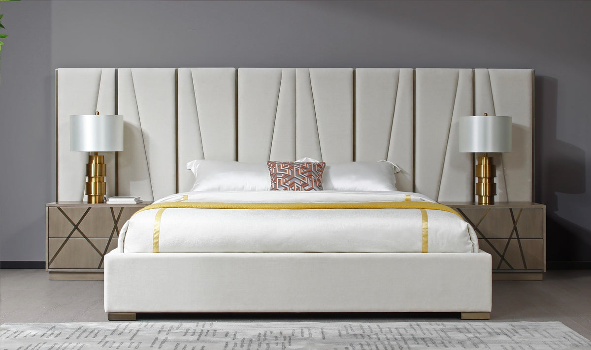 Mielcasa | Beige Modrest Nixa Modern Beige Velvet and Brushed Bronze and Birch Bed and Nightstands eastern | SKU VGVC-BD1909-BED-NS-BGE-eastern-1 | MPN: 81284 | Free Delivery & Free Return