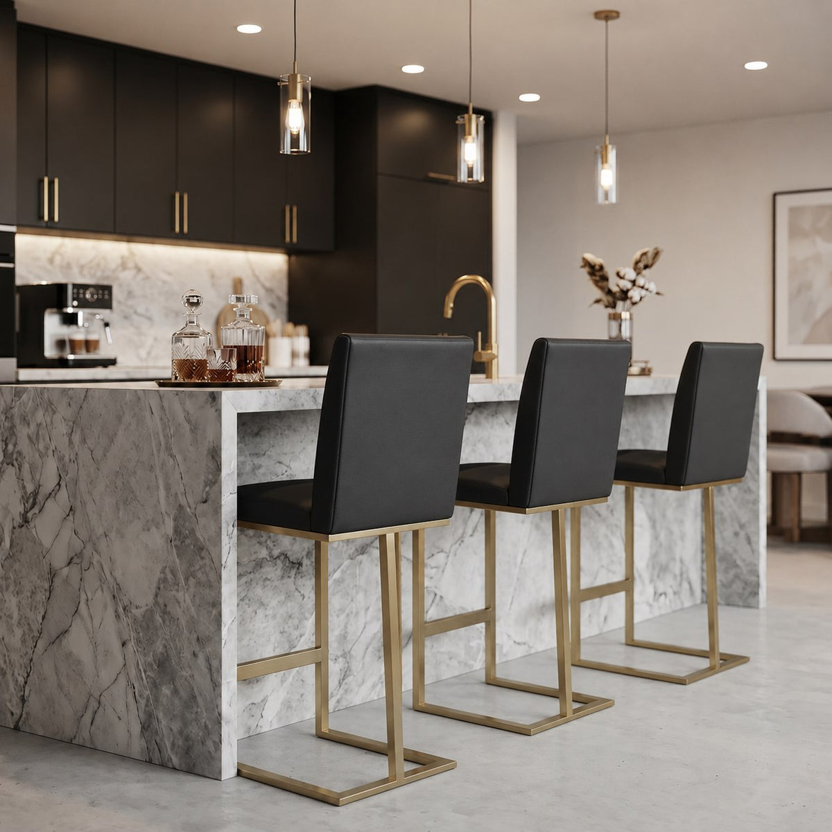 Frankie Modern Dark Grey Vegan Lether + Antique Brass Counter Stool