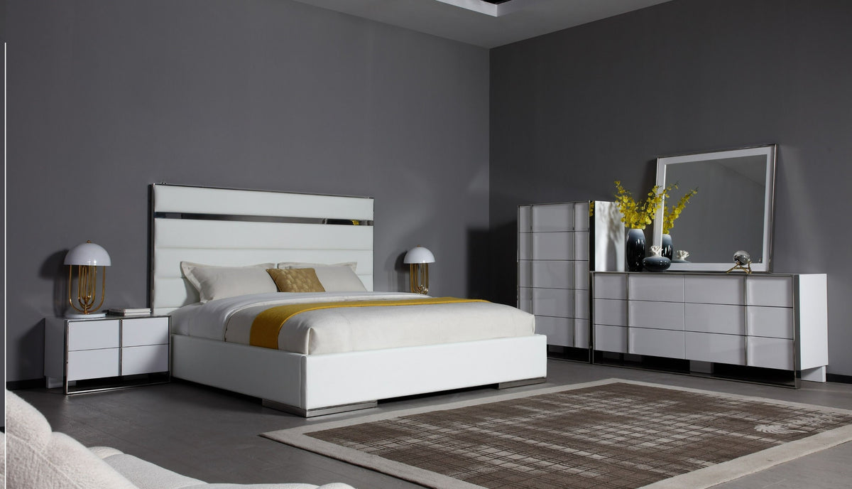 Cartier Modern White Vegan Leather + Stainless Steel Bedroom Set