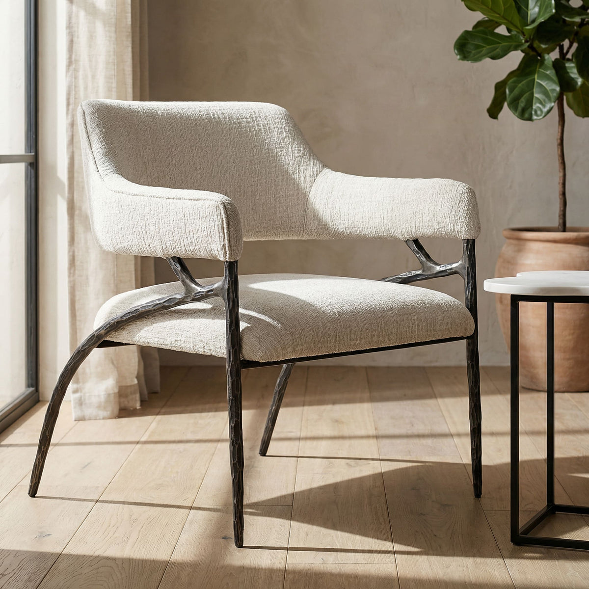 Ector Modern Off-White Fabric + Forged Metal Accent Chair