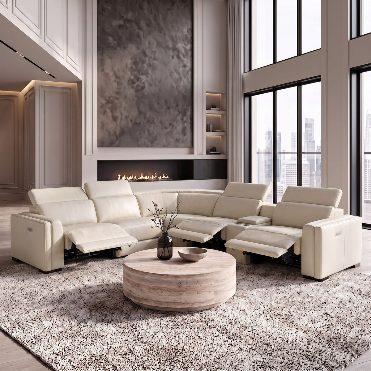 Frazier Modern White Leather Sectional Sofa with 3 Recliners + Console