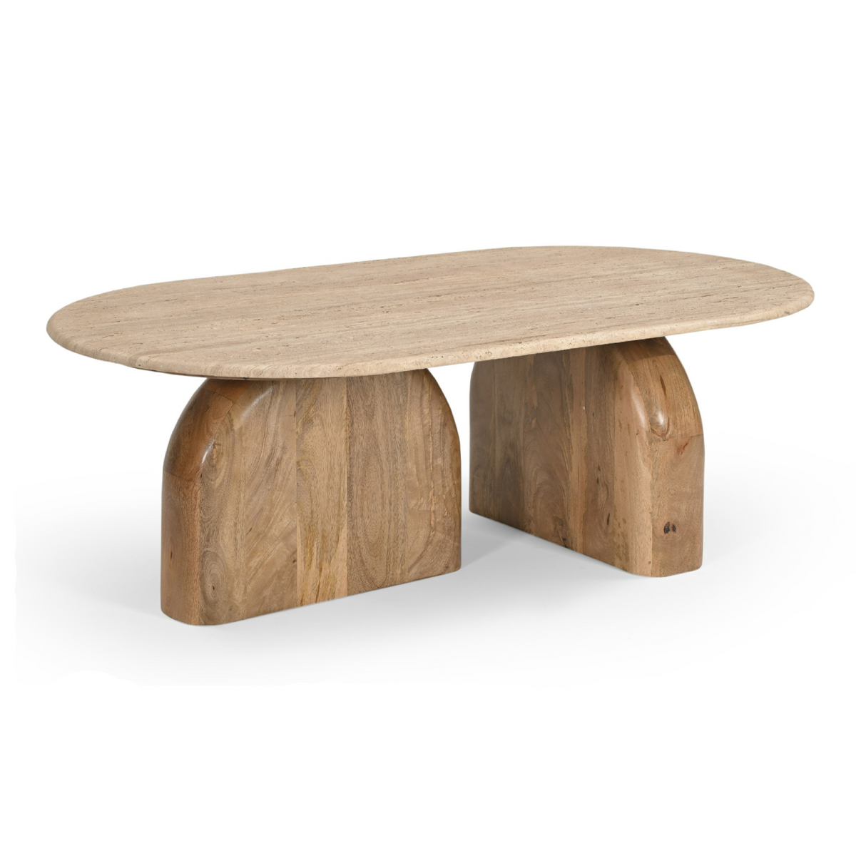 Kellison Modern Travertine Marble + Wood Oval Coffee Table