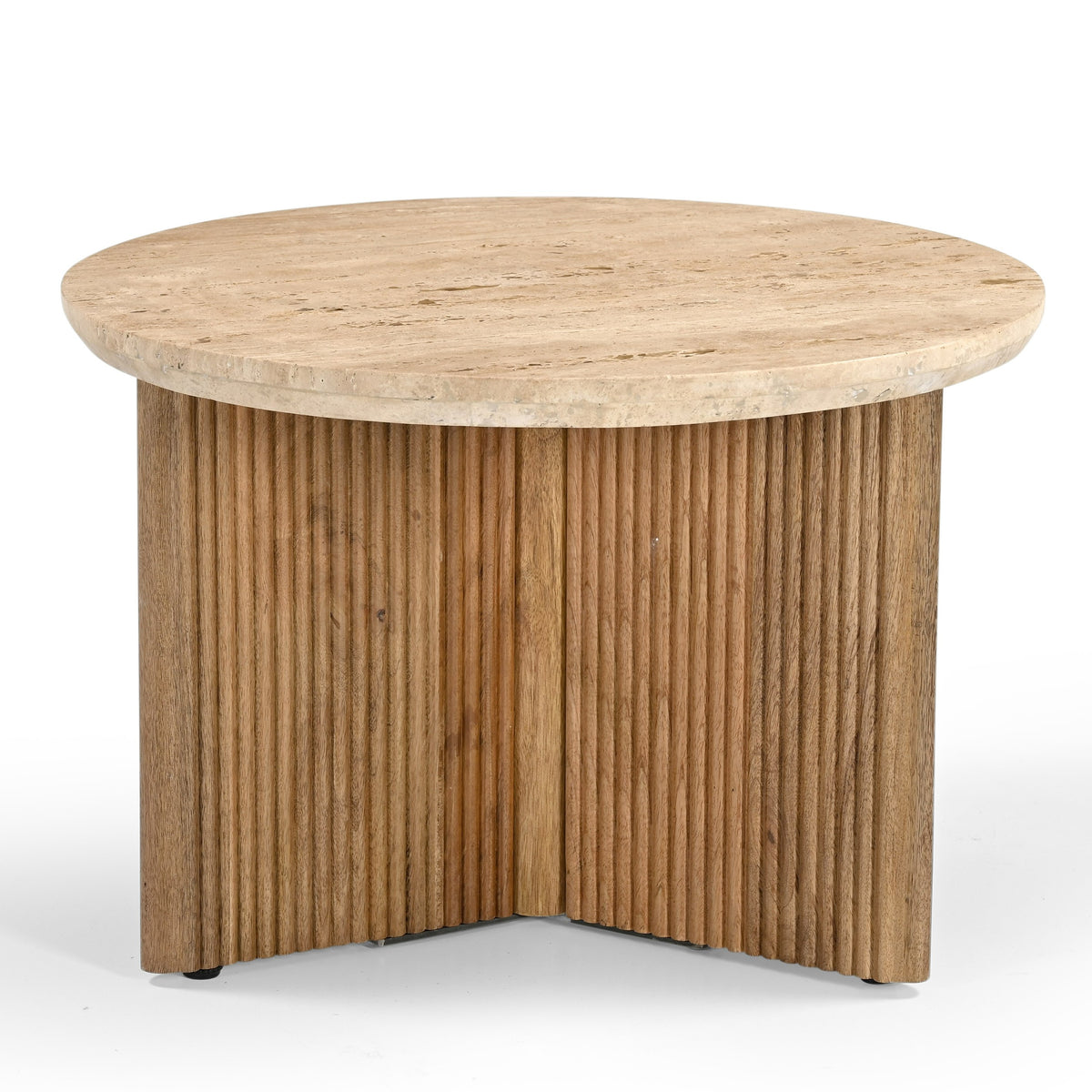 Pawnee Modern Travertine Marble + Wood Round End Table
