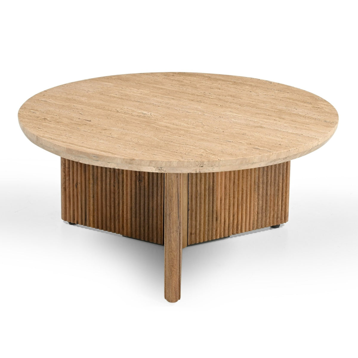 Pawnee Modern Travertine Marble + Wood Round Coffee Table