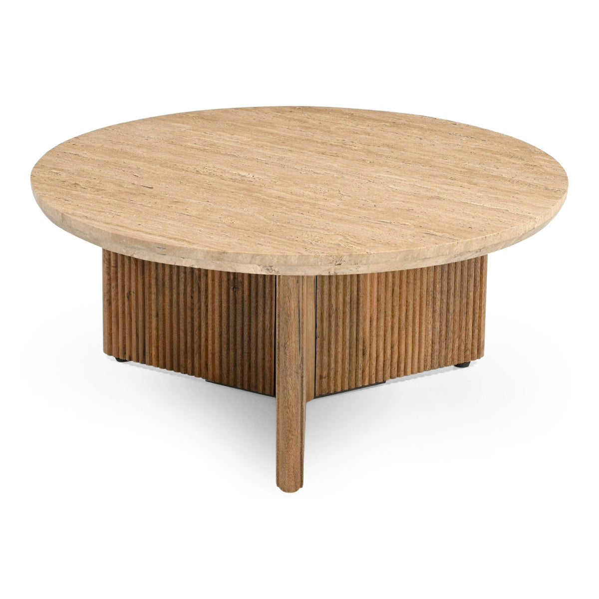 Pawnee Modern Travertine Marble + Wood Round Coffee Table