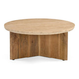 Pawnee Modern Travertine Marble + Wood Round Coffee Table