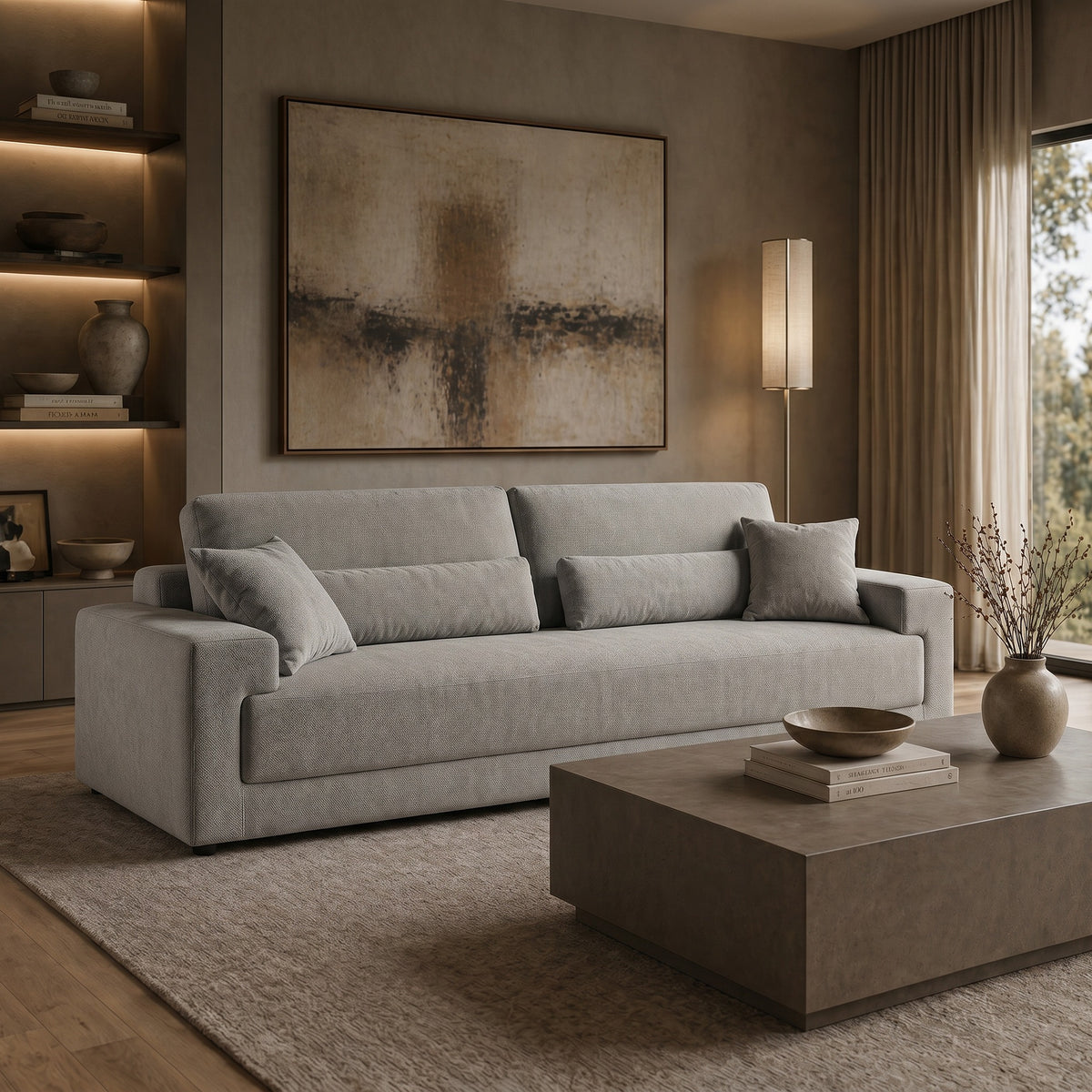 Loki Modern Grey Fabric 3-Seat Sofa