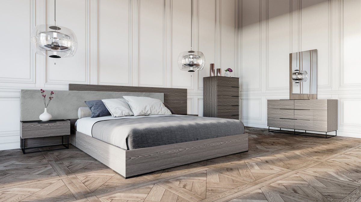 Enzo Italian Modern Grey Oak & Fabric Bed with Nightstands