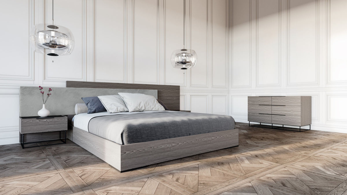 Enzo Italian Modern Grey Oak & Fabric Bed with Nightstands