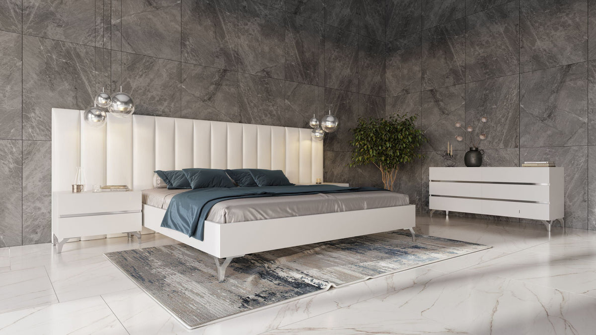 Angela Italian Modern White Eco Leather 4-Piece Bedroom Set and Wings
