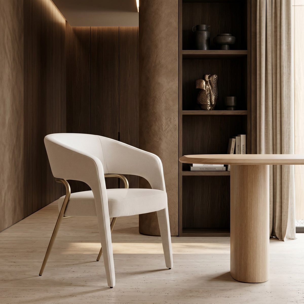Elson Modern Off-White Fabric + Antique Brass Dining Chair