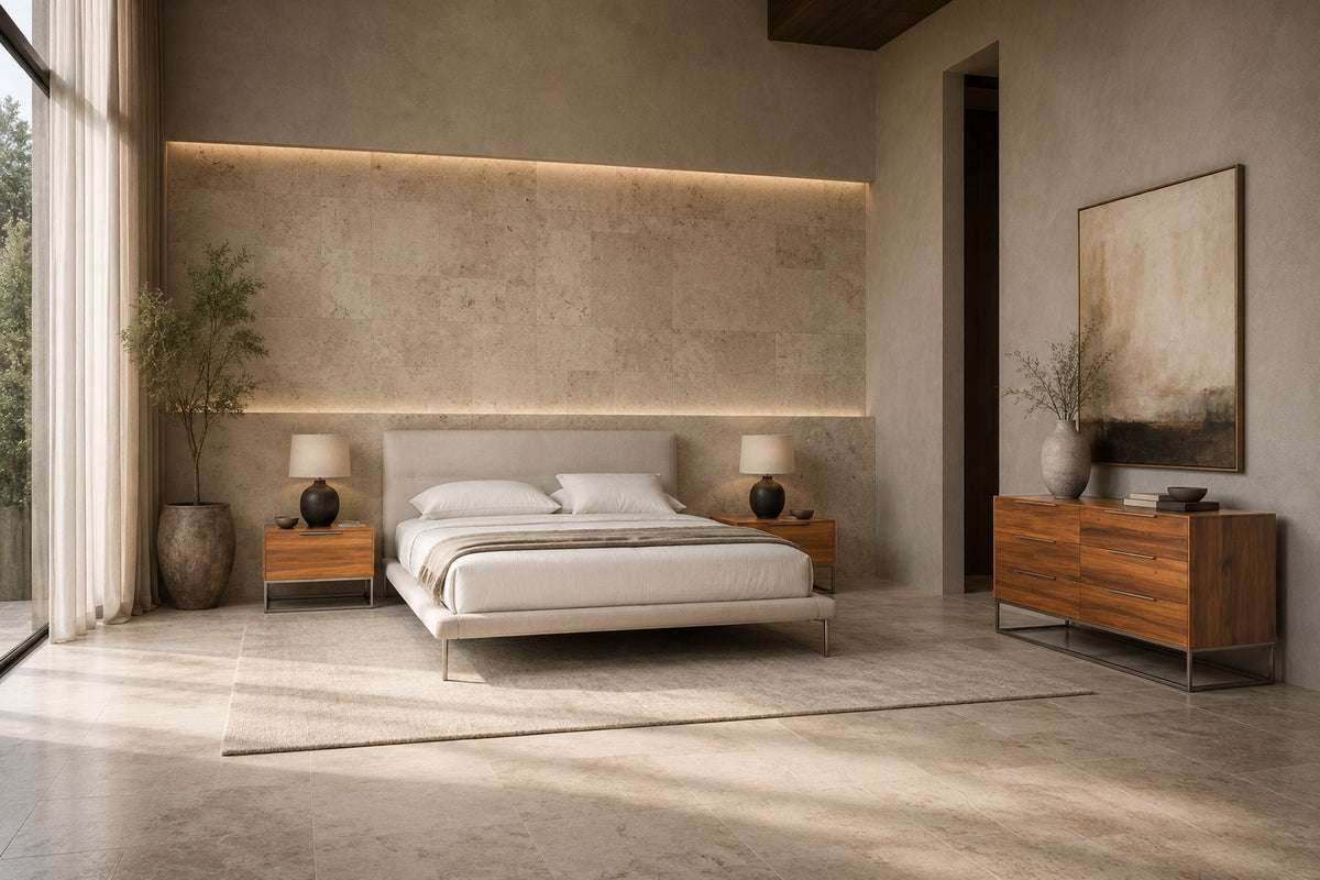 Bergeron + Lorenzo Contemporary Cream Fabric + Light Oak 4-Piece Bedroom Set