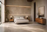 Bergeron + Lorenzo Contemporary Cream Fabric + Light Oak 4-Piece Bedroom Set