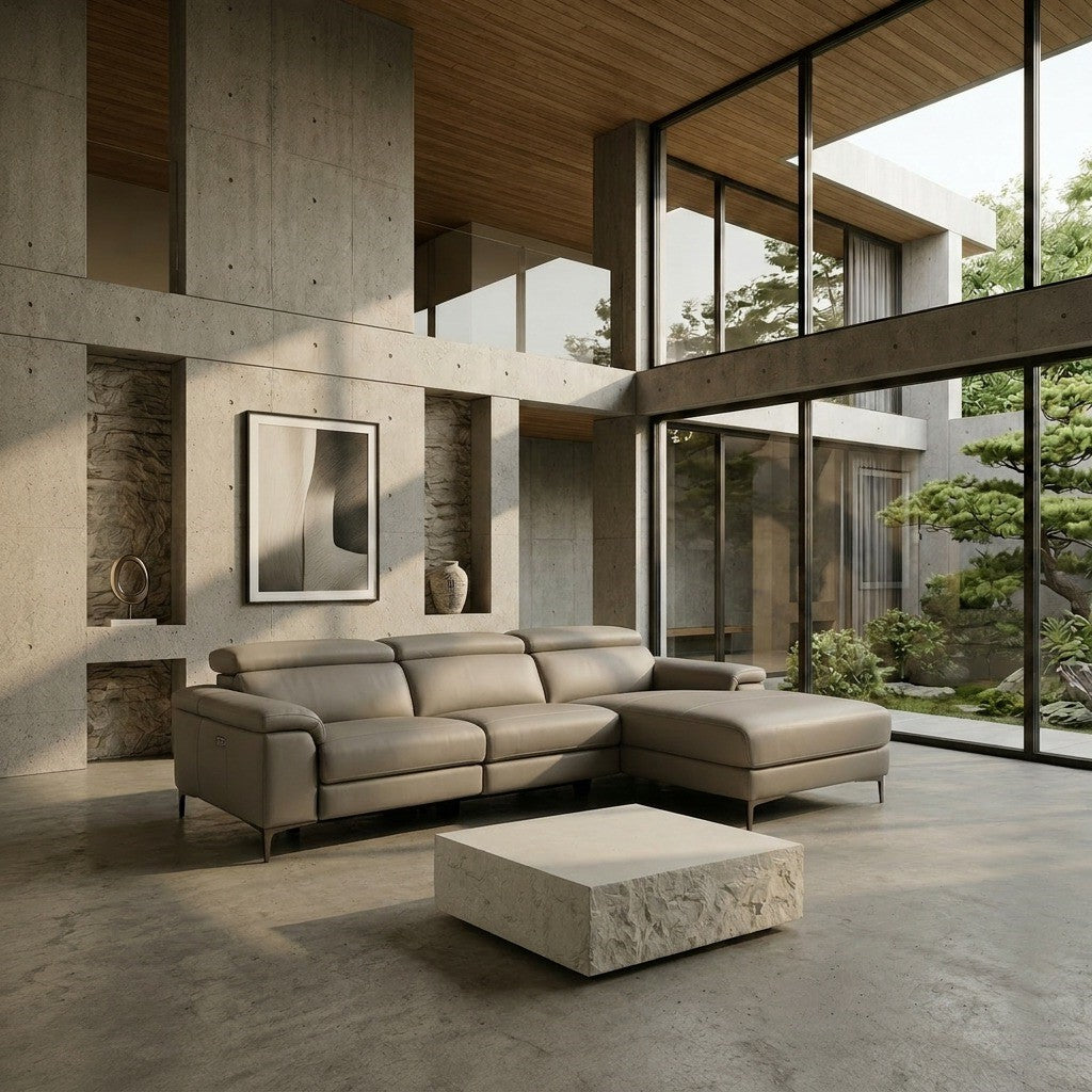 Meidas Modern Light Grey Leather Sectional Sofa + 2 Recliners Right Facing Chaise