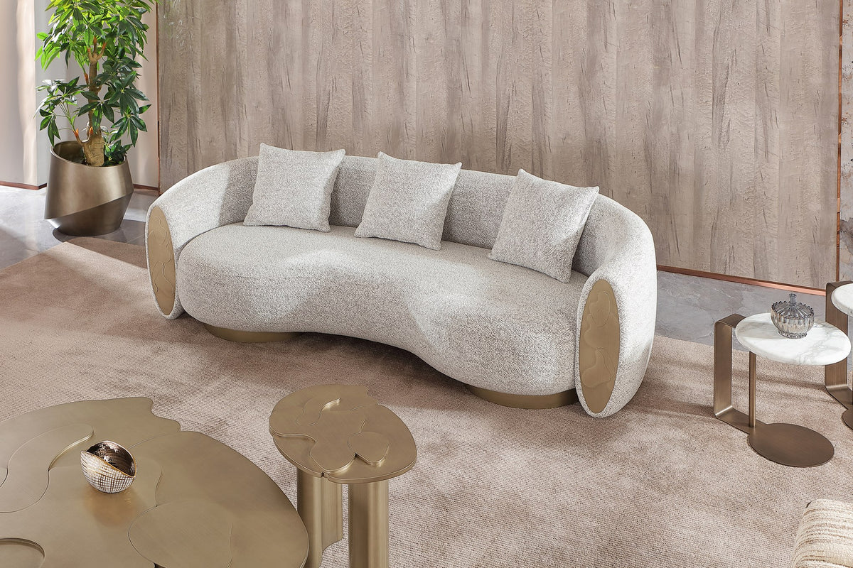 Glimpse Modern White & Brown Fabric + Antique Brass Sofa