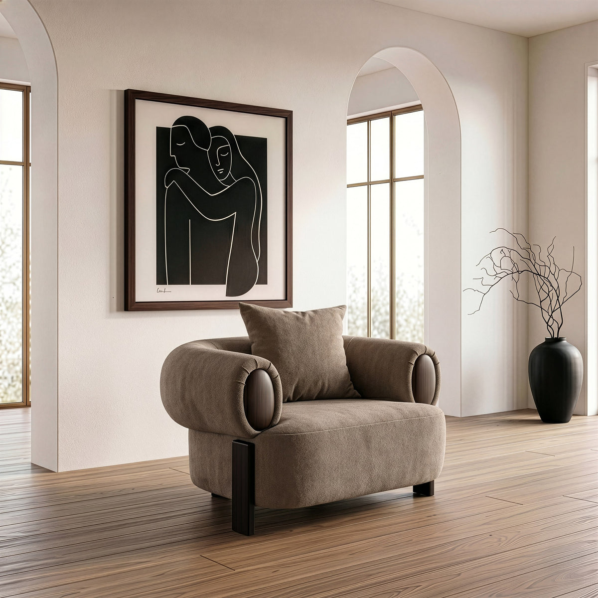 Arnaud Modern Tan Fabric + Brown Oak Accent Chair