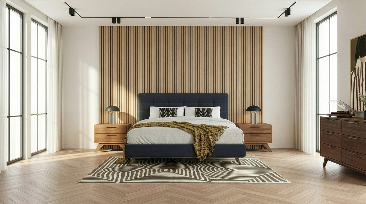 Addison Mid-Century Modern Grey Fabric & Walnut Bed