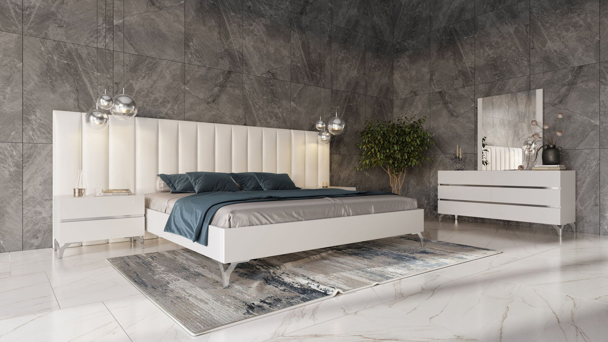 Angela Eastern King Italian Modern White Eco Leather Bed with Nightstands and Wings