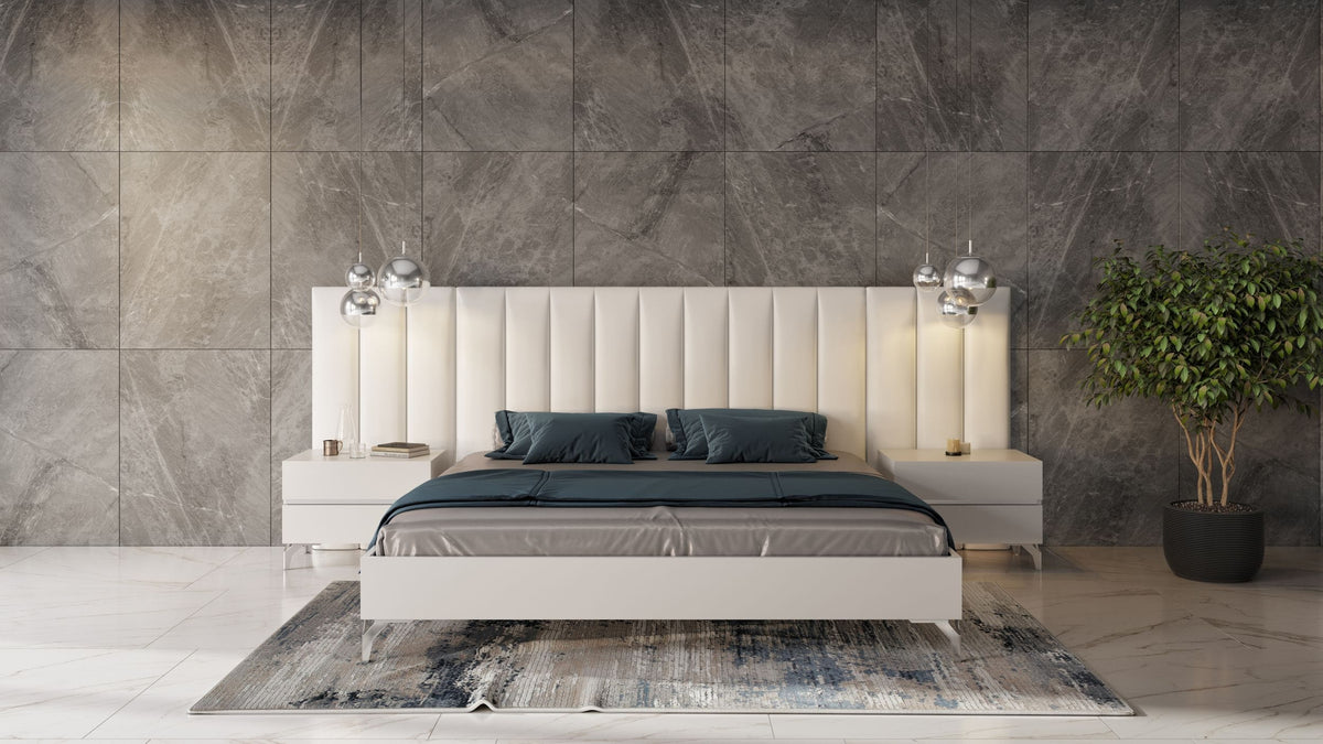 Angela Queen Italian Modern White Eco Leather Bed with Nightstands and Wings
