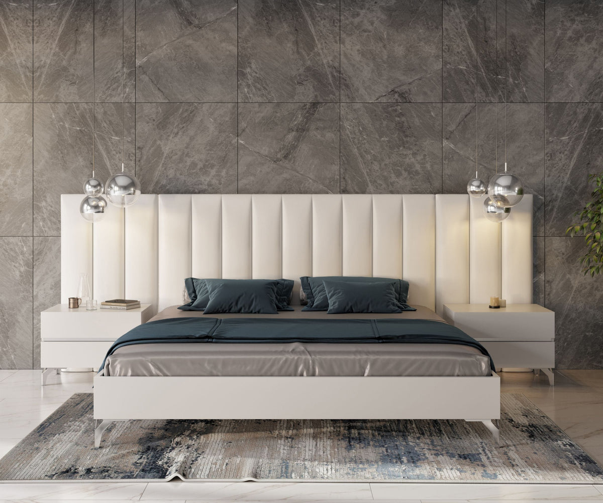 Angela Queen Italian Modern White Eco Leather Bed with Nightstands and Wings