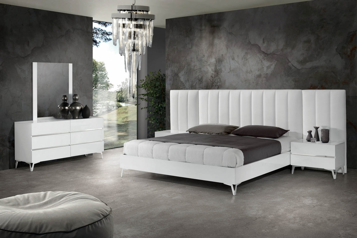Angela Italian Modern White Eco Leather 4-Piece Bedroom Set and Wings
