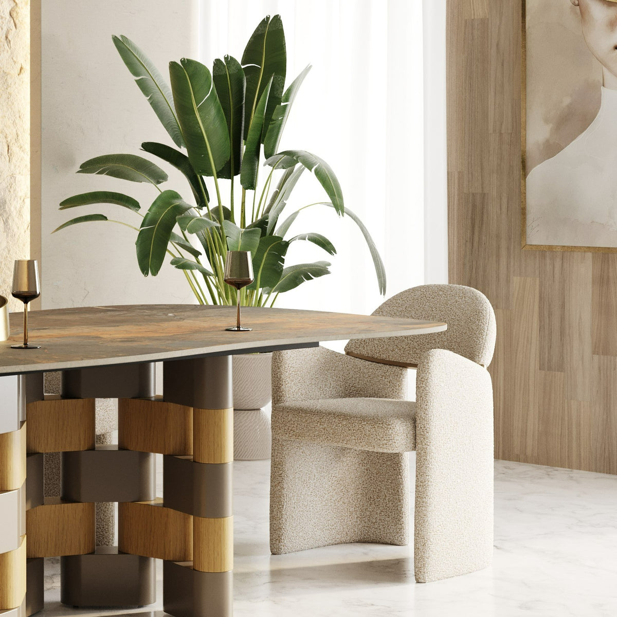 Ashley Modern Beige Fabric + Brushed Brass Dining Chair