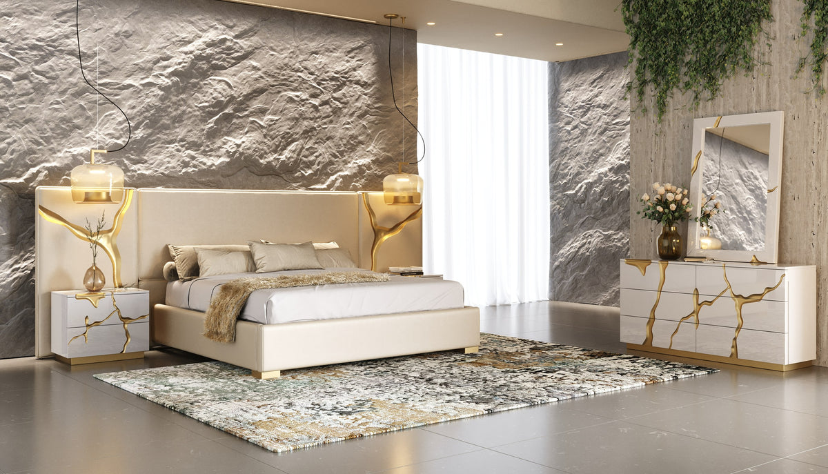 Mielcasa | White Queen Modrest Aspen Modern Beige and White and Gold Bedroom Set | SKU VGVCDB1801-WHT-SET-Q | MPN: 81451 | Free Delivery & Free Return
