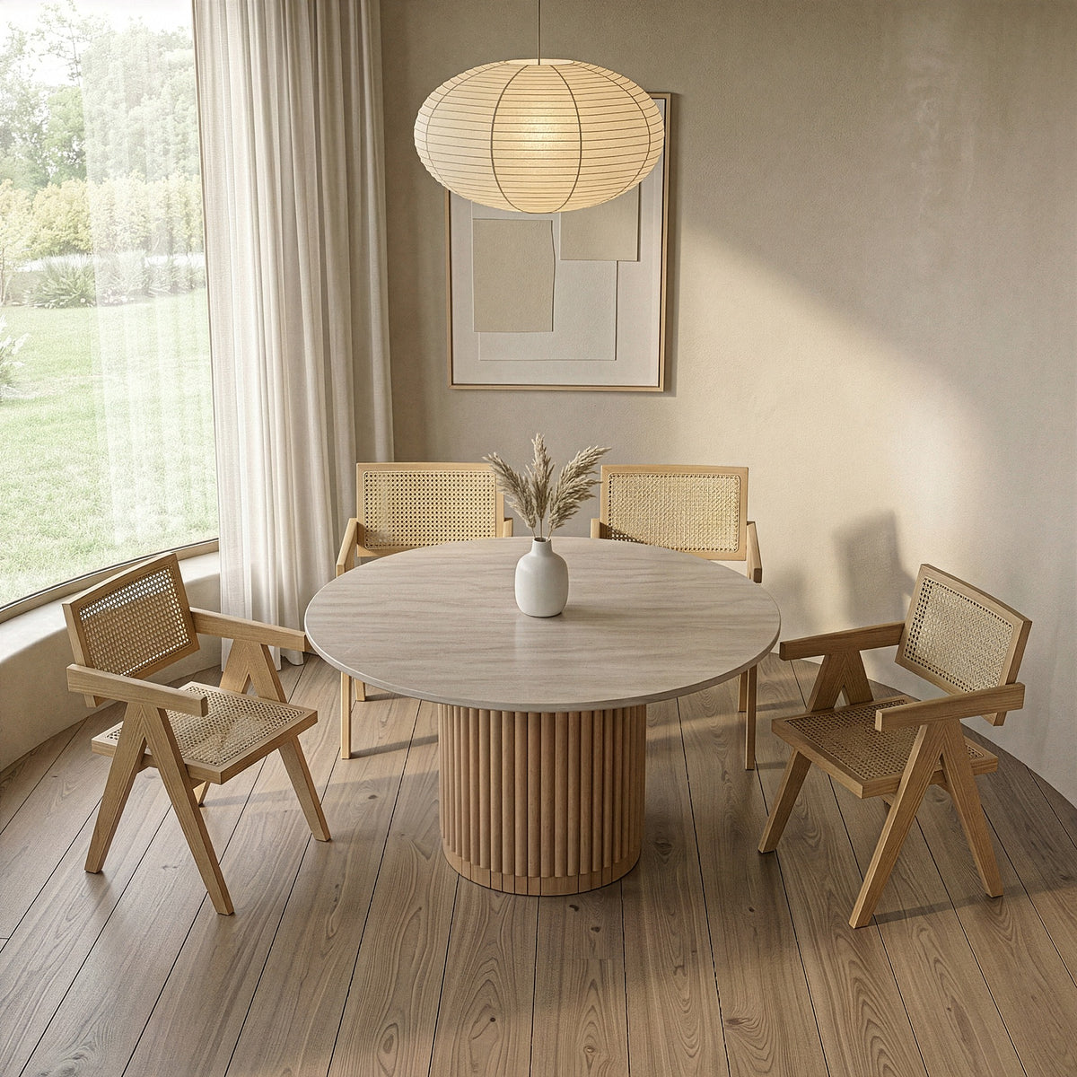 Bambi Modern Botticino Marble + Mango Round Dining Table