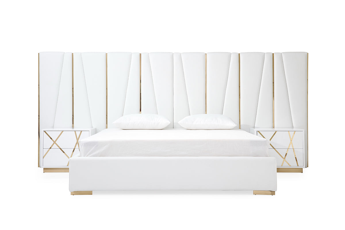 Mielcasa | White Modrest Nixa Modern White Bonded Leather & Gold Bed | SKU VGVCBD1909-WHT | MPN: 78247|75643|77847 | Free Delivery & Free Return